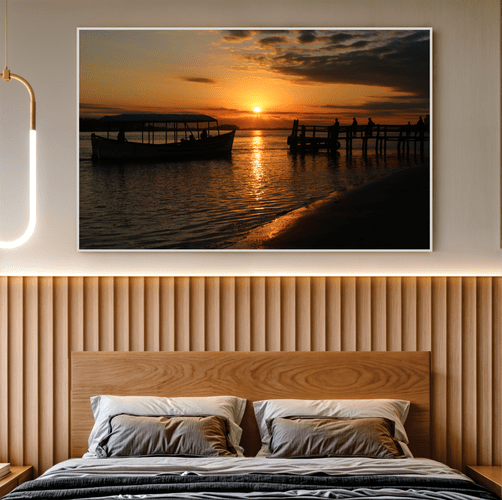 Quadro Barco, Pessoas e Pôr do Sol Por Cida Hoffmann