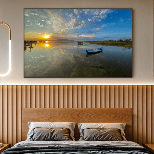 Quadro Lagoa, Barco e Céu Azul Por Cida Hoffmann