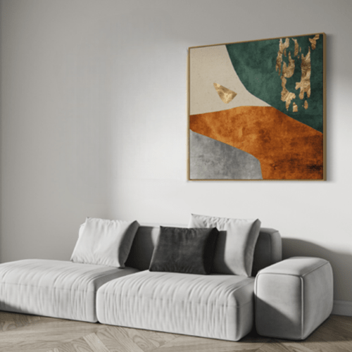 Quadro Orgânico Cinza, Creme, Laranja e Verde Folha de Ouro