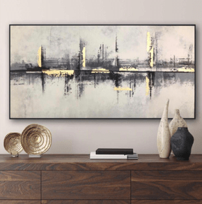 Quadro Linhas Cinzas, Douradas e Pretas Folha de Ouro